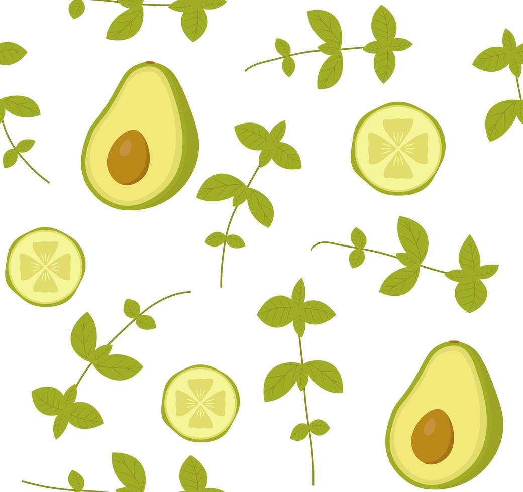 Vector seamless pattern with avocado, cucumber and basil. Perfect for wallpaper, background, wrapping paper or textile. Green vegetables and herbs on white background.