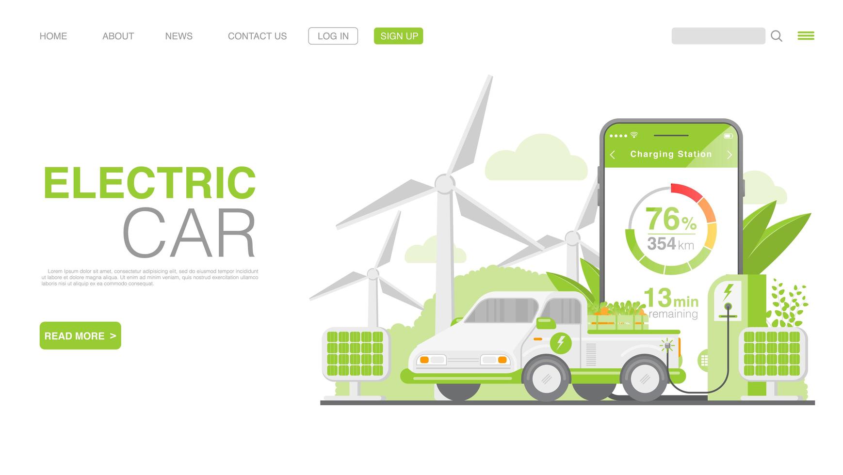 EV Car Or Electric Car At Charging Station. Concept Illustration For Green Environment. Landing Page in Flat Style. Vector EPS 10