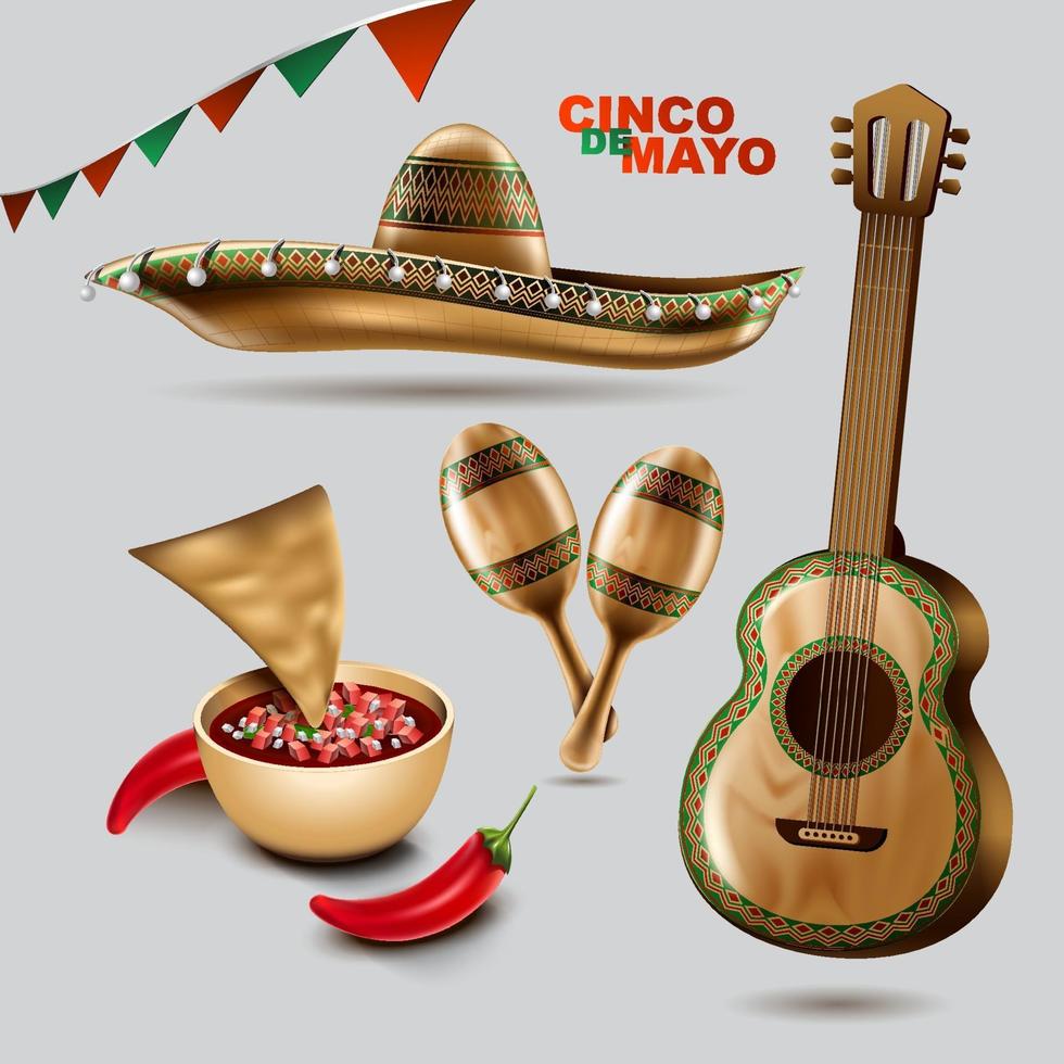 Cinco de Mayo mexican holiday. Sombrero hat, Maracas and Tacos and festive food with colors of Mexico flag. vector illustration.