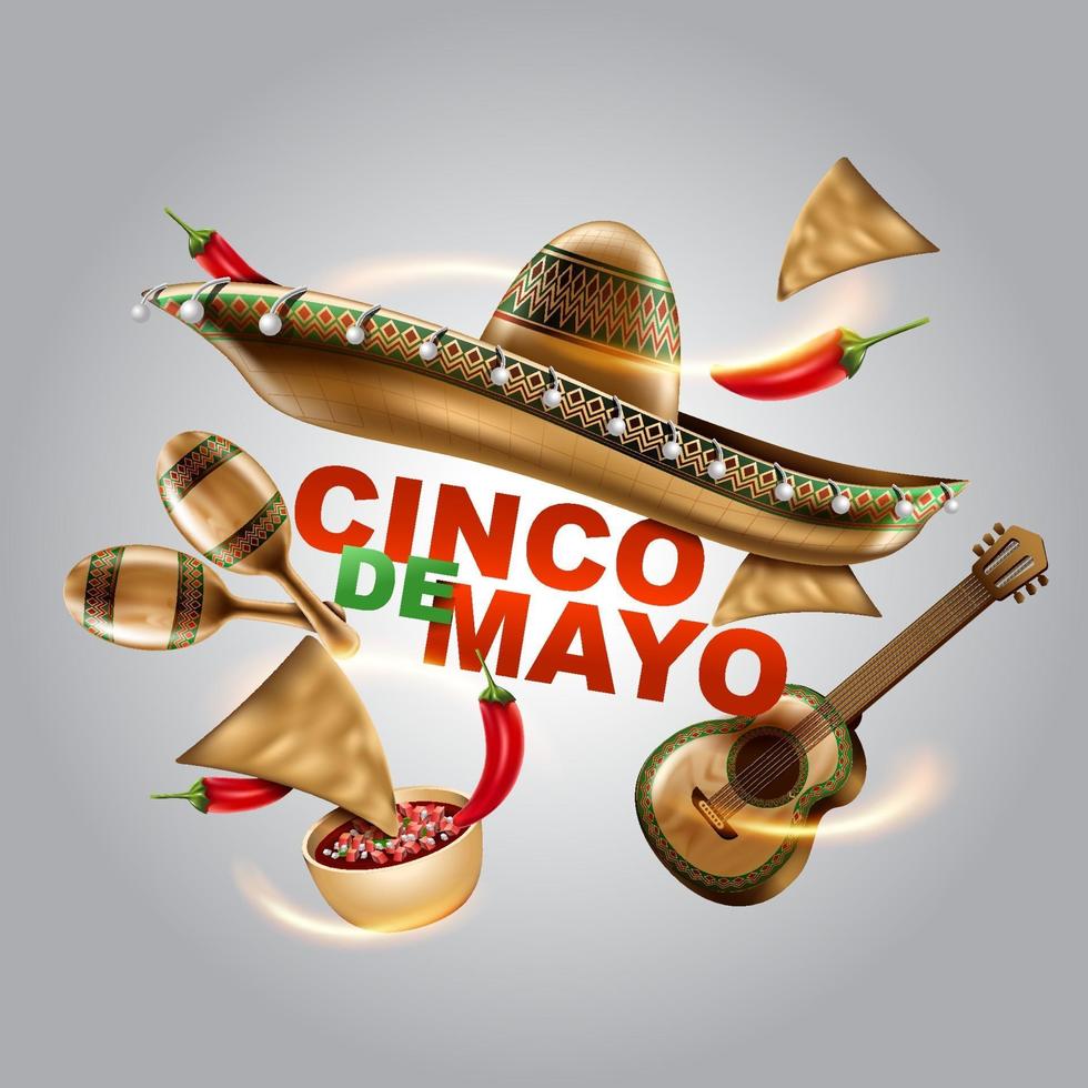 Cinco de Mayo mexican holiday. Sombrero hat, Maracas and Tacos and festive food. vector illustration.