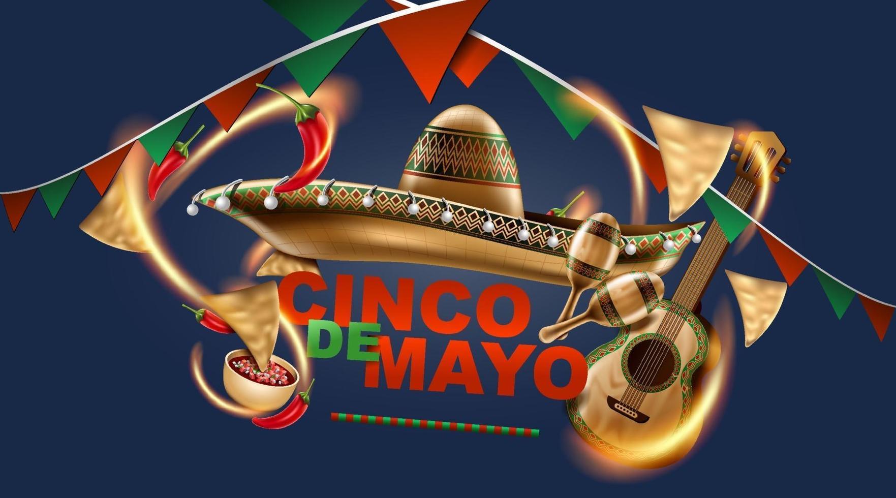 Cinco de Mayo mexican holiday. Sombrero hat, Maracas and Tacos and festive food with colors of Mexico flag. vector illustration.