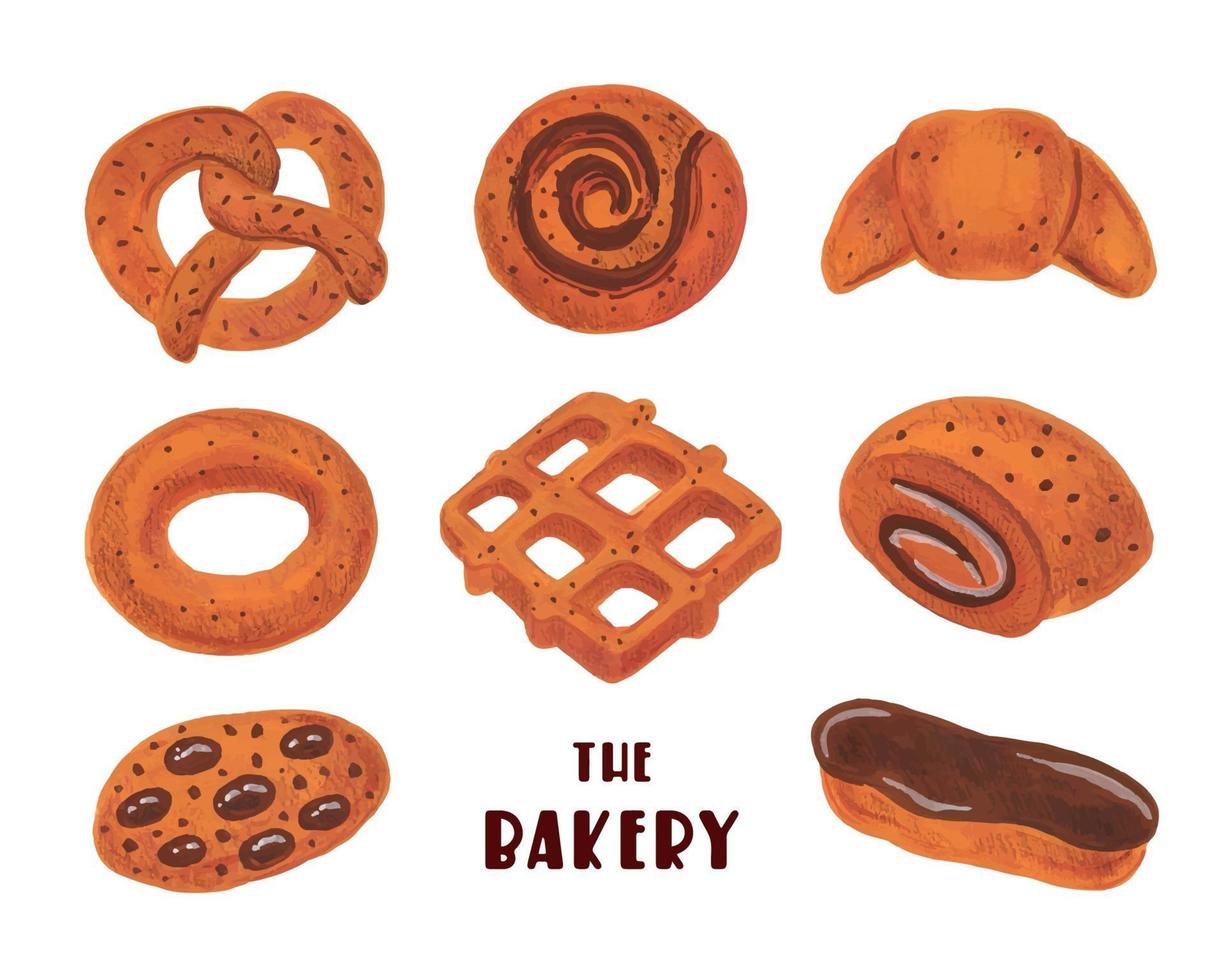 Imágenes Prediseñadas de panadería. conjunto de elementos de panadería. pretzel, donut, croissant, bagel, roll, eclair, waffle, cookies. comida de acuarela. vector