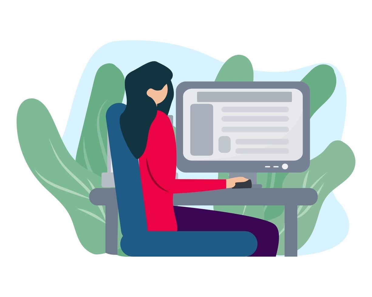 woman with computer illustration in flat style vector