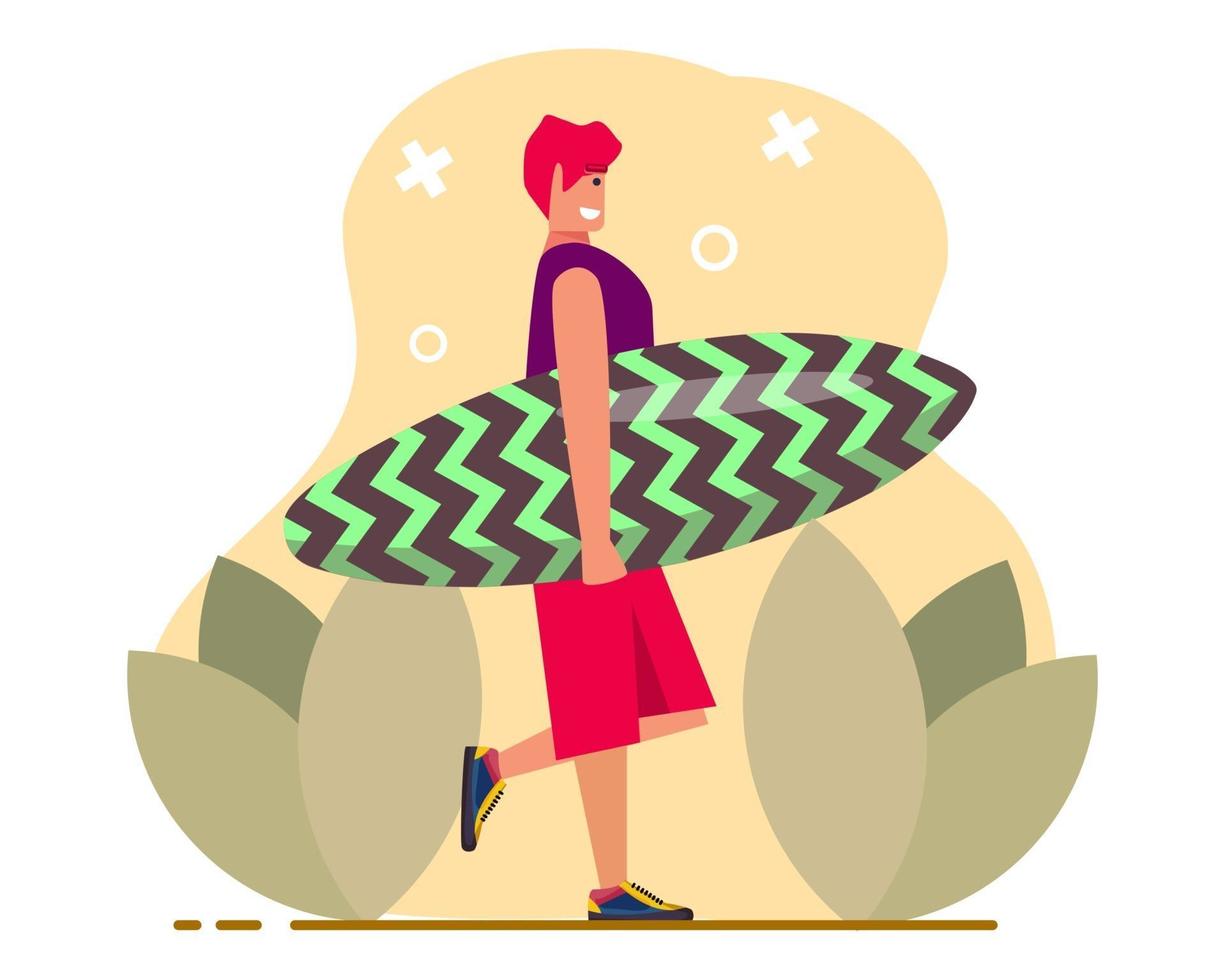 niño con ilustración de tabla de surf en estilo plano vector