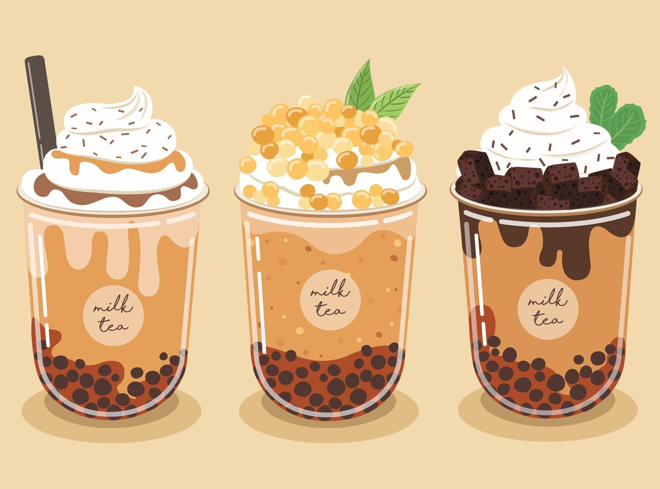 Pearl milk tea set Contains chocolate brownies and whipped cream Topped with caramel sauce On a pastel background. vector