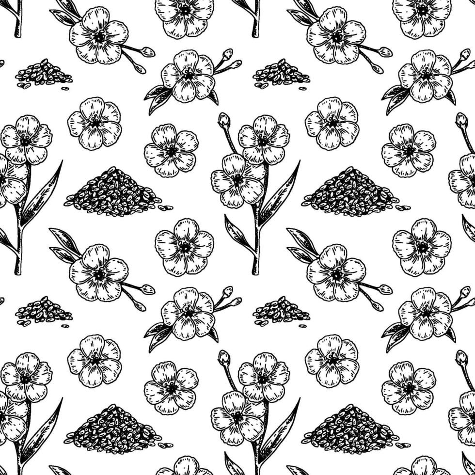 Flax seamless pattern with hand drawn design elements. Vector illustration in sketch stile.