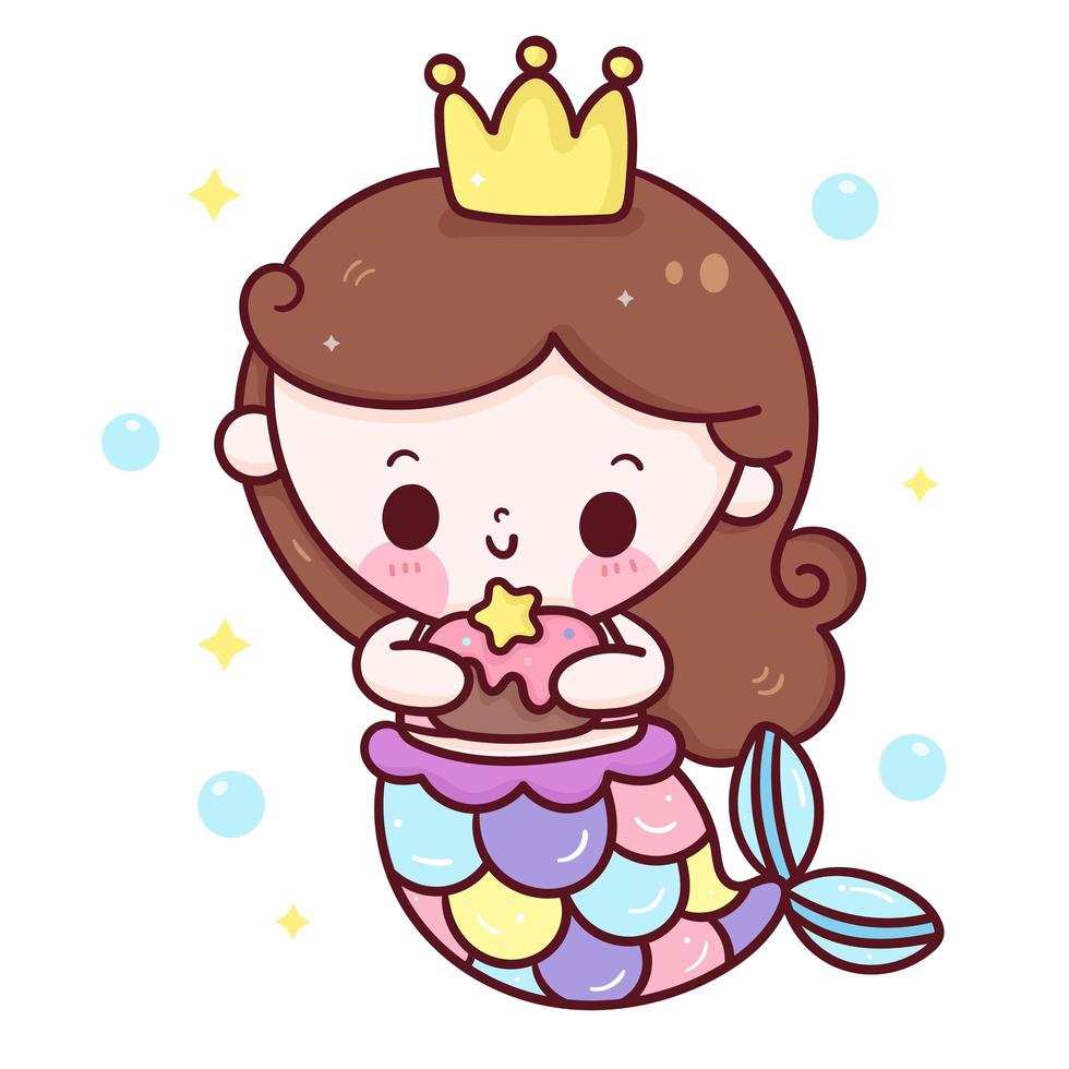 princesa sirena dibujos animados sosteniendo pastel de cumpleaños kawaii animal vector