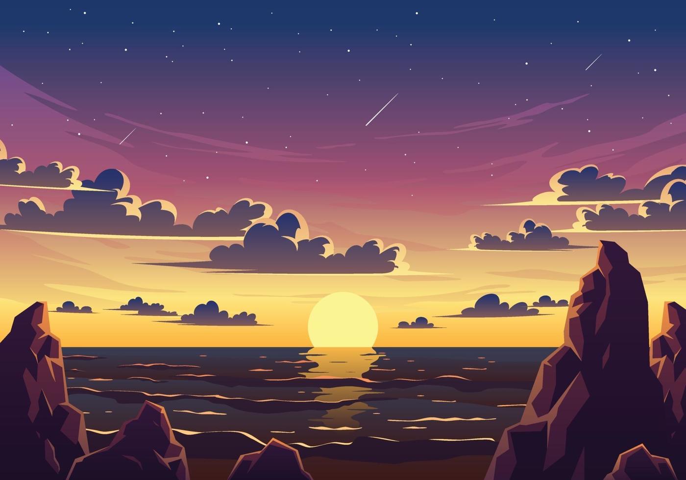 ilustración de paisaje de playa al atardecer vector