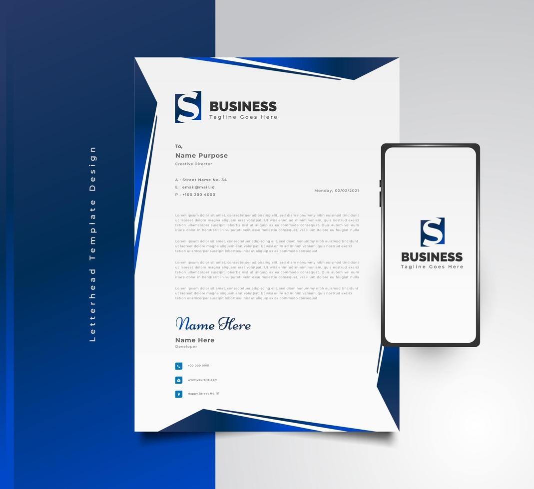 Modern Business Letterhead Template Design in Blue Futuristic Concept With Smartphone on Side vector