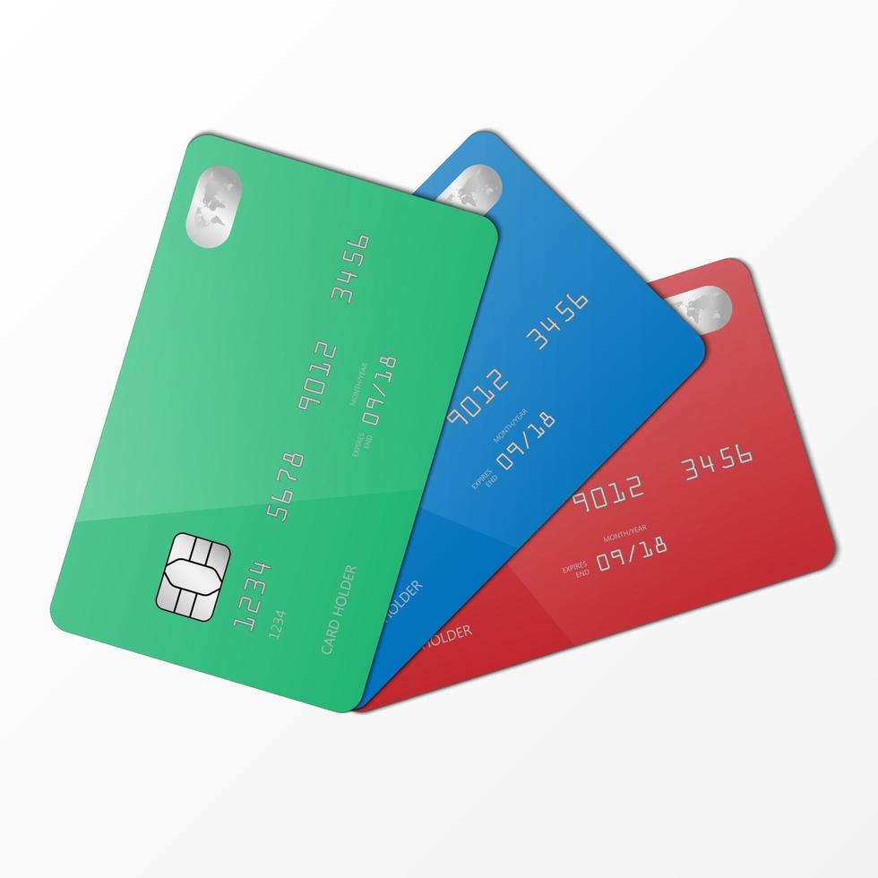 Plantilla de maqueta de tarjeta de crédito verde, azul y roja realista, ilustración vectorial vector