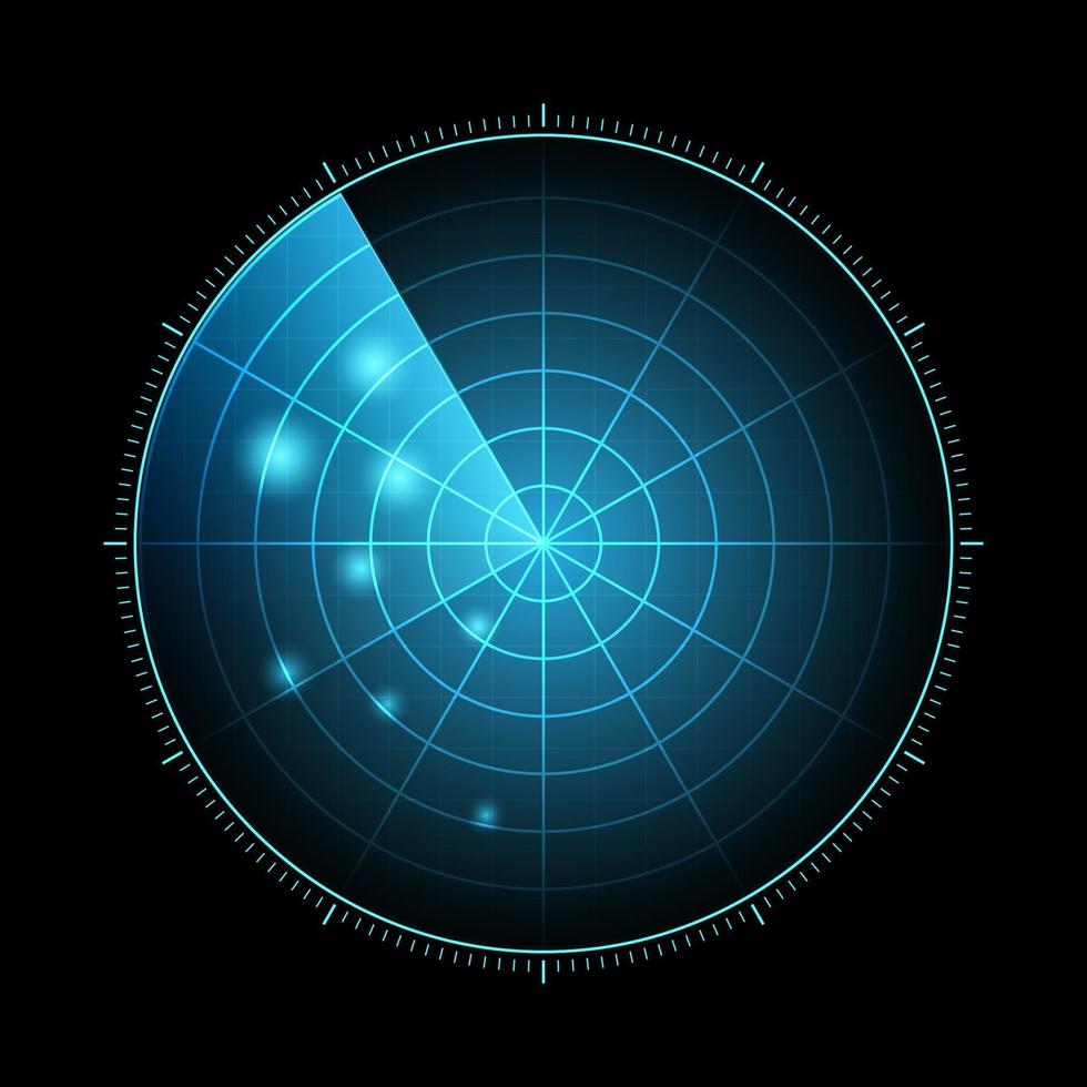 HUD radar with targets in action. Military search system, vector illustration