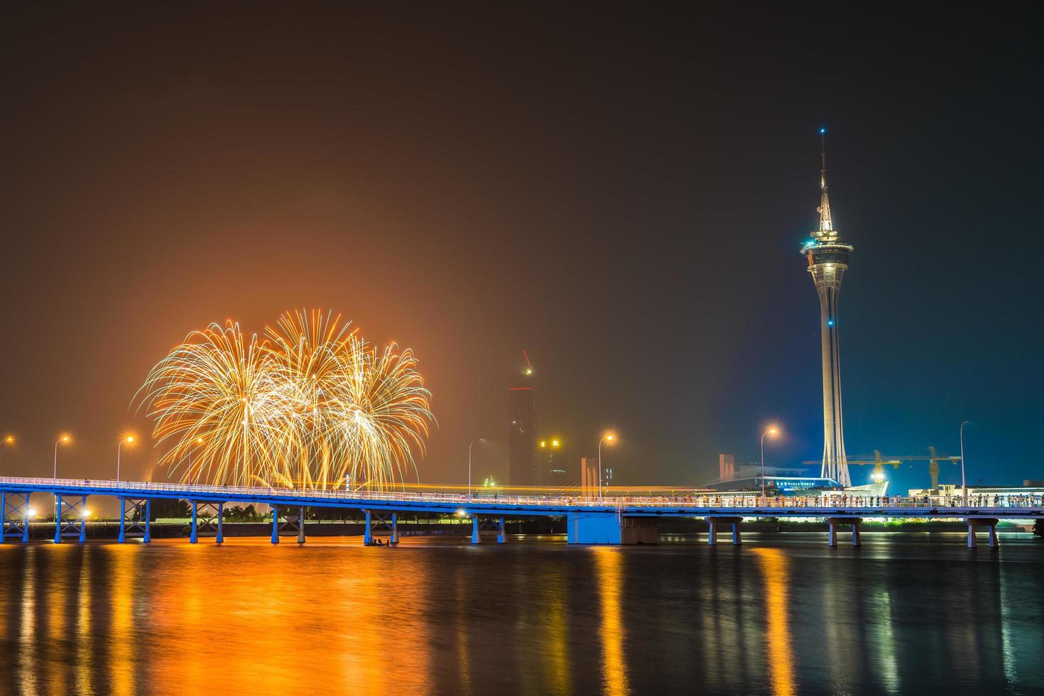 Beautiful firework with Macau tower in Macau city, China photo