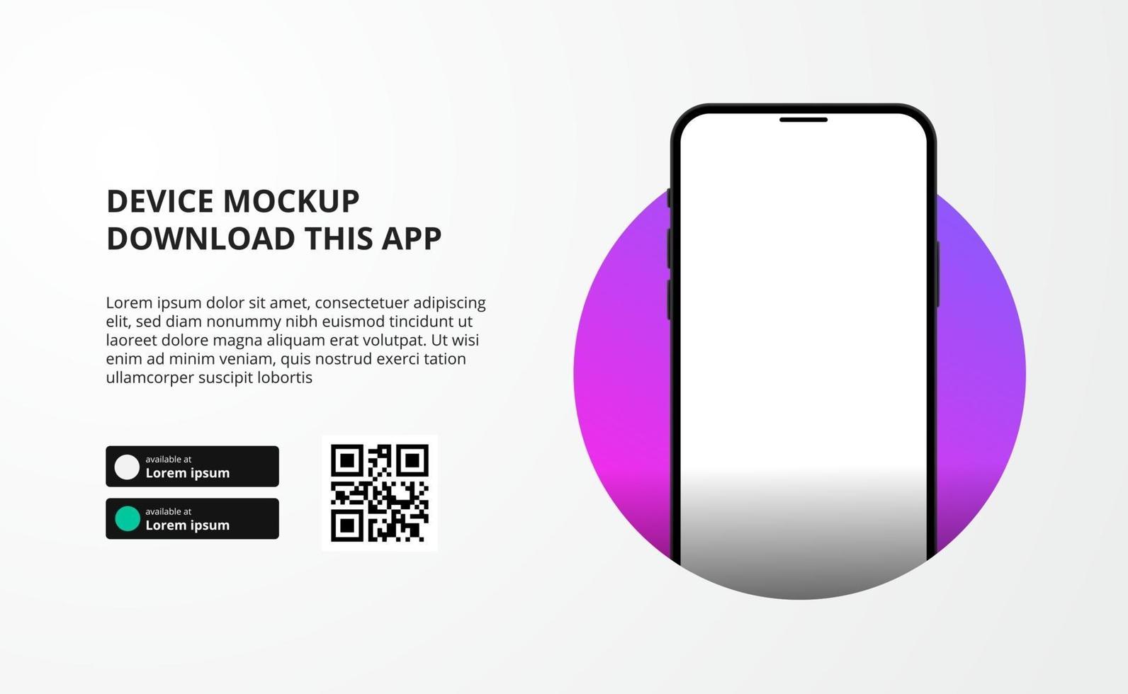 landing page banner advertising for downloading app for mobile phone, 3D smartphone device mockup. Download buttons with scan qr code template. vector