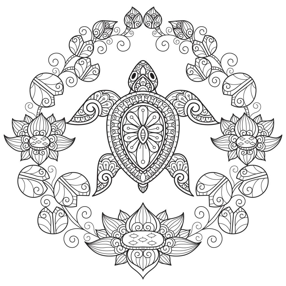 Turtle and lotus on white background. Hand drawn sketch for adult colouring book vector