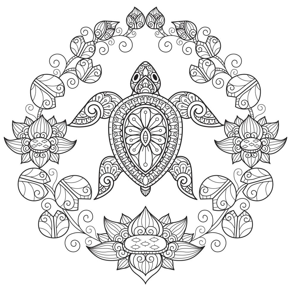 Turtle and lotus on white background. Hand drawn sketch for adult colouring book vector