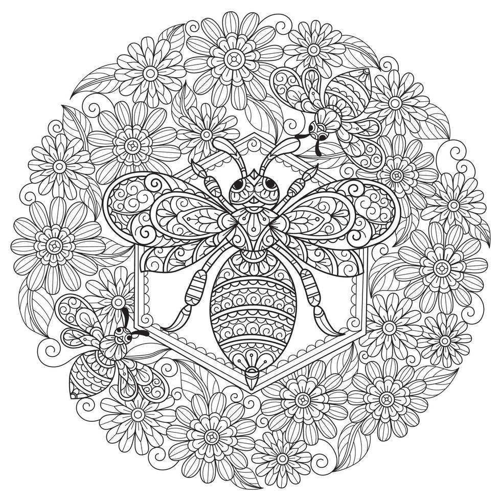 abeja y flor sobre fondo blanco. boceto dibujado a mano para libro de colorear para adultos vector