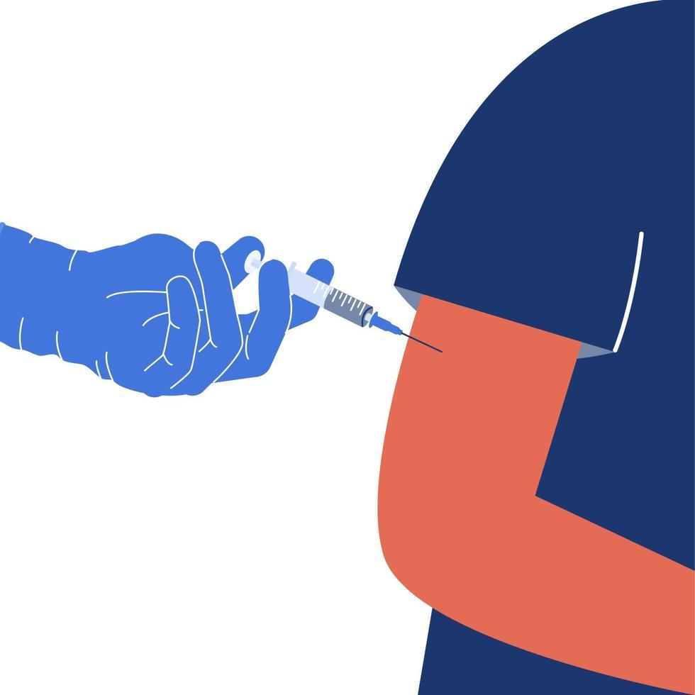 Vaccination against coronavirus, the doctor makes an injection in the arm muscle. Fighting the Covid-19 pandemic. Vector image in a flat style