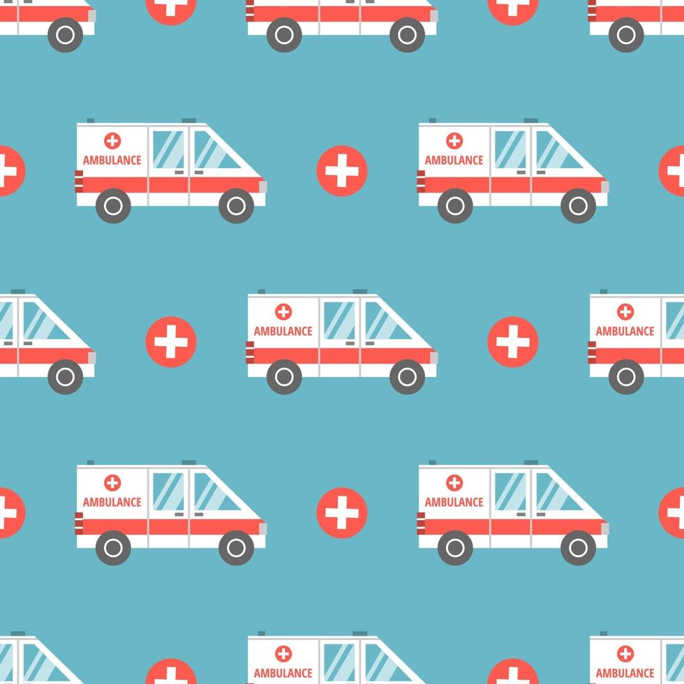 Medical ambulance in flat cartoon style. Vector seamless pattern