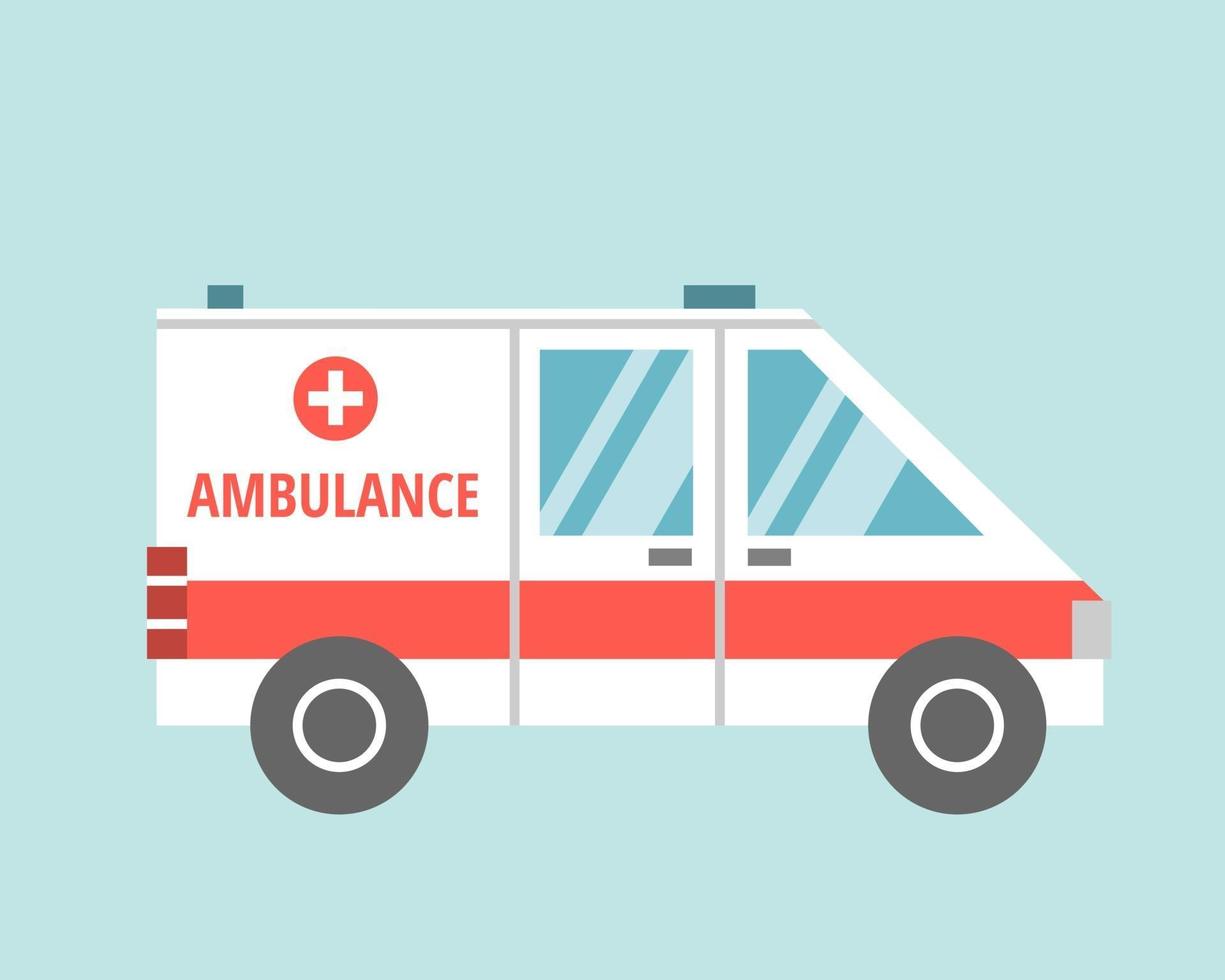 ambulancia médica en un estilo de dibujos animados plana sobre un fondo azul claro. imagen vectorial, icono vector