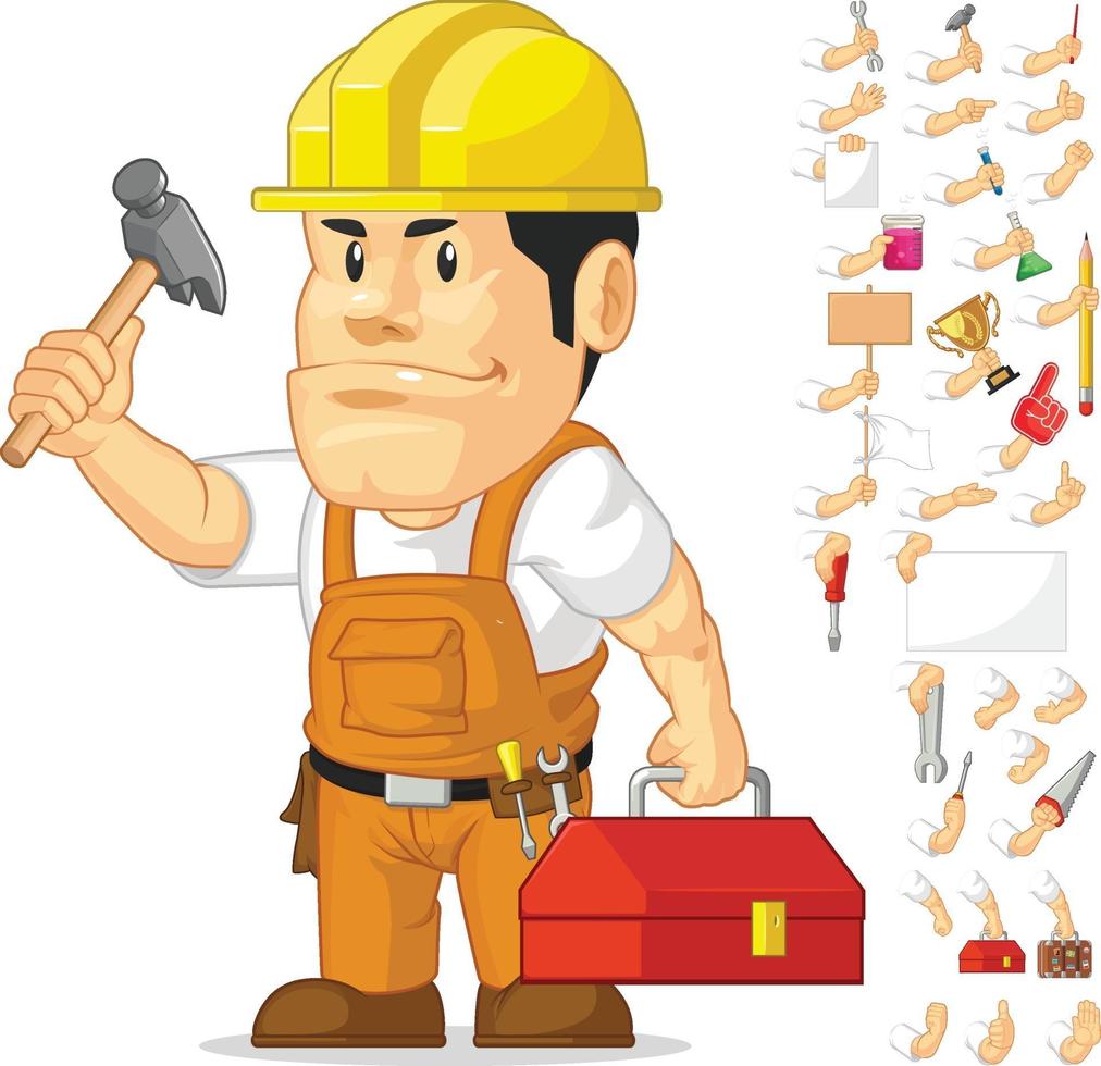 Strong Builder Construction Worker Cartoon Mascot Vector Drawing