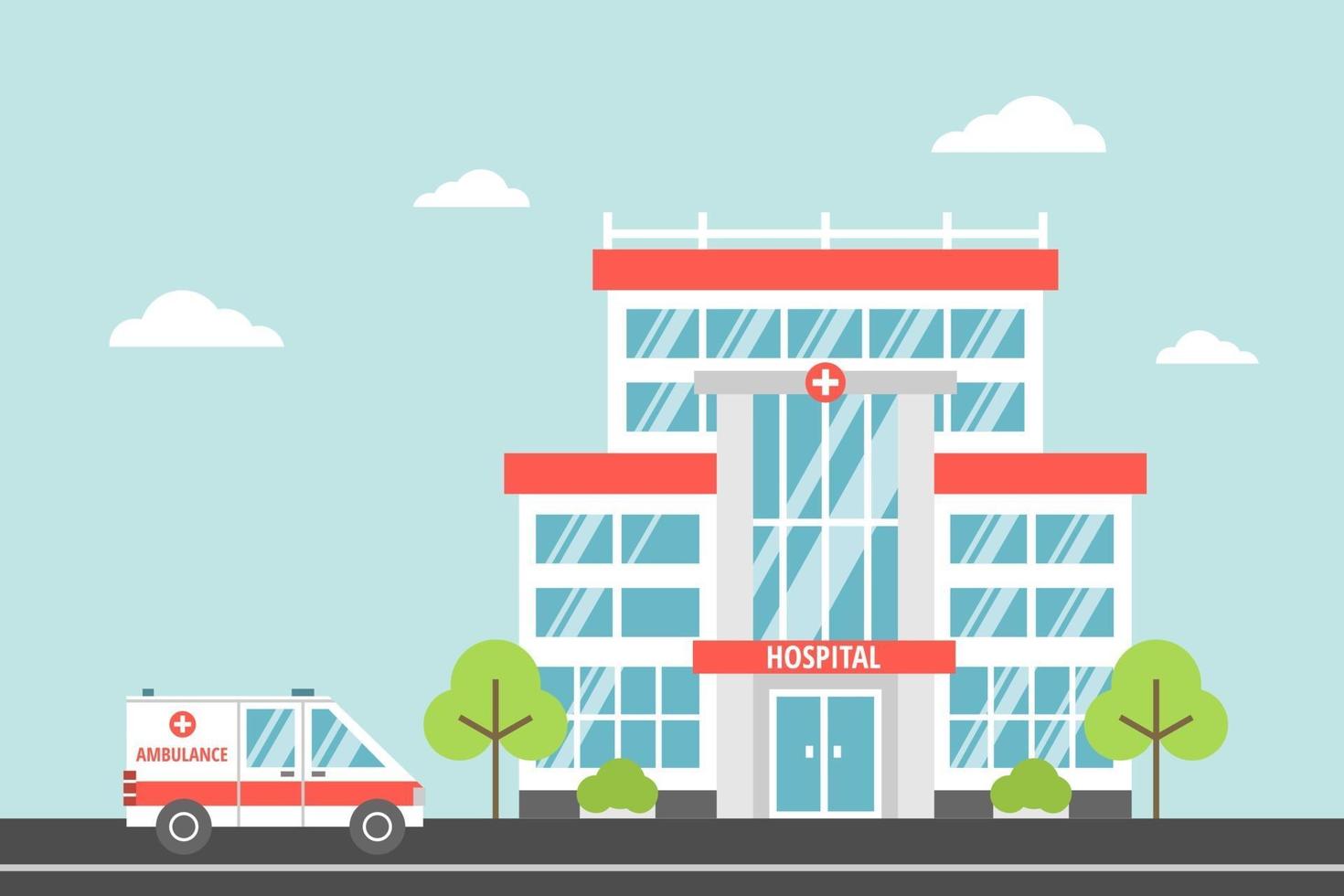 Hospital, a modern city medical facility. Ambulance. Health and Emergency concept. Vector illustration in flat cartoon style