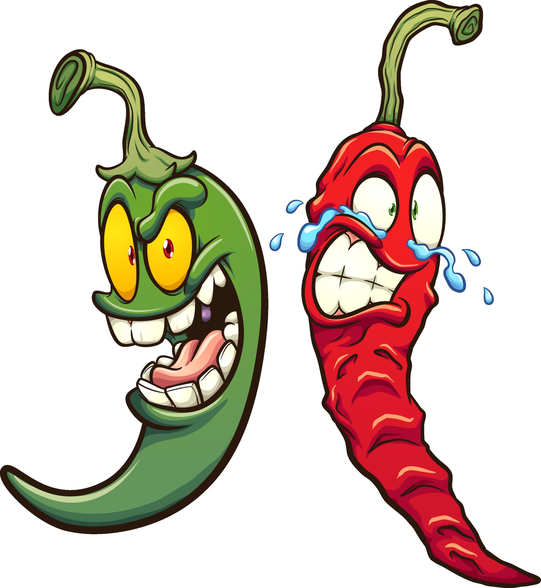 Green and red chili peppers smiling and crying. Vector clip art