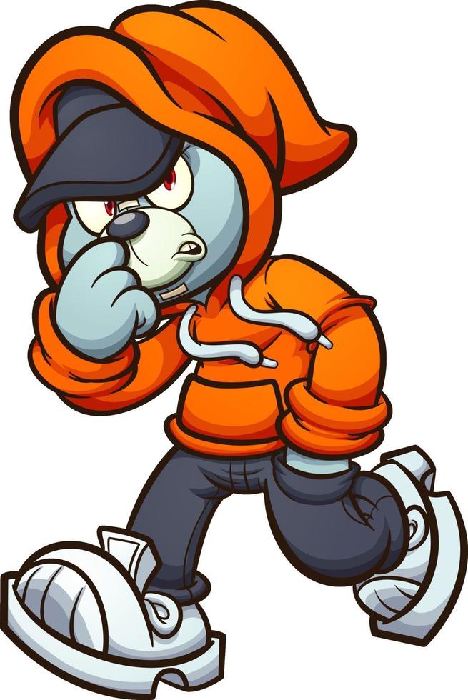 Gray Teddy bear with orange hoodie walking. Vector clip art illustration with simple gradients.