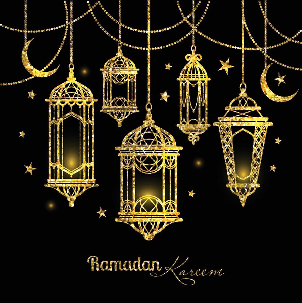 tarjeta de felicitación diseño de ramadan kareem con lámparas y lunas. vector