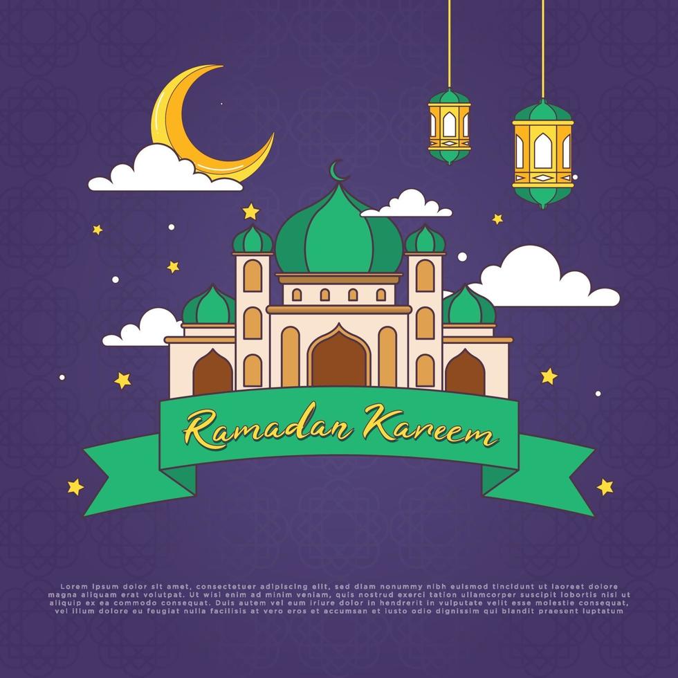 ornamento de ramadan kareem de dibujos animados monoline con ilustración de vector de color brillante. mezquita y mes dibujados línea simple. fondo eid mubarak