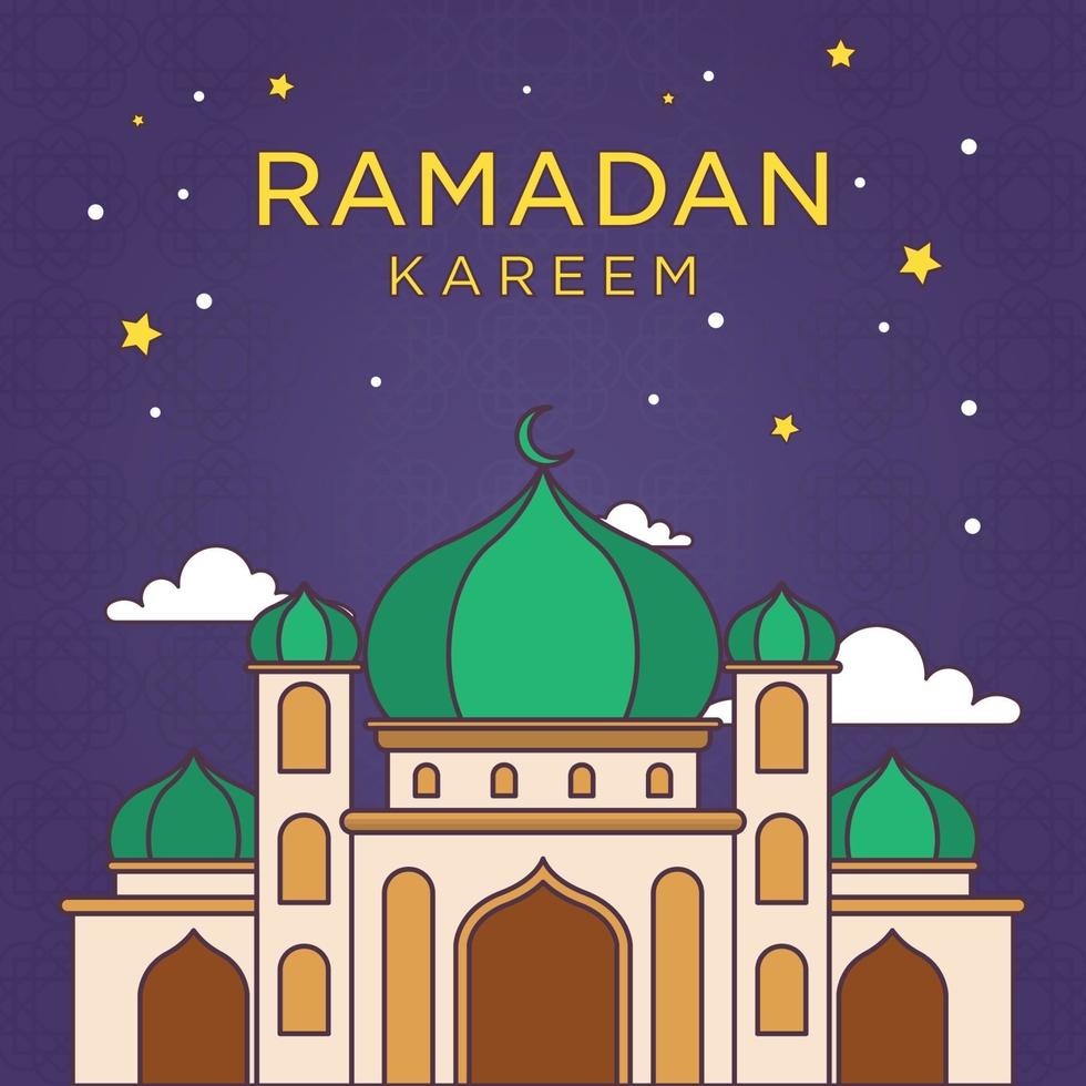 ornamento de ramadan kareem de dibujos animados monoline con ilustración de vector de color brillante. mezquita y mes dibujados línea simple. fondo eid mubarak