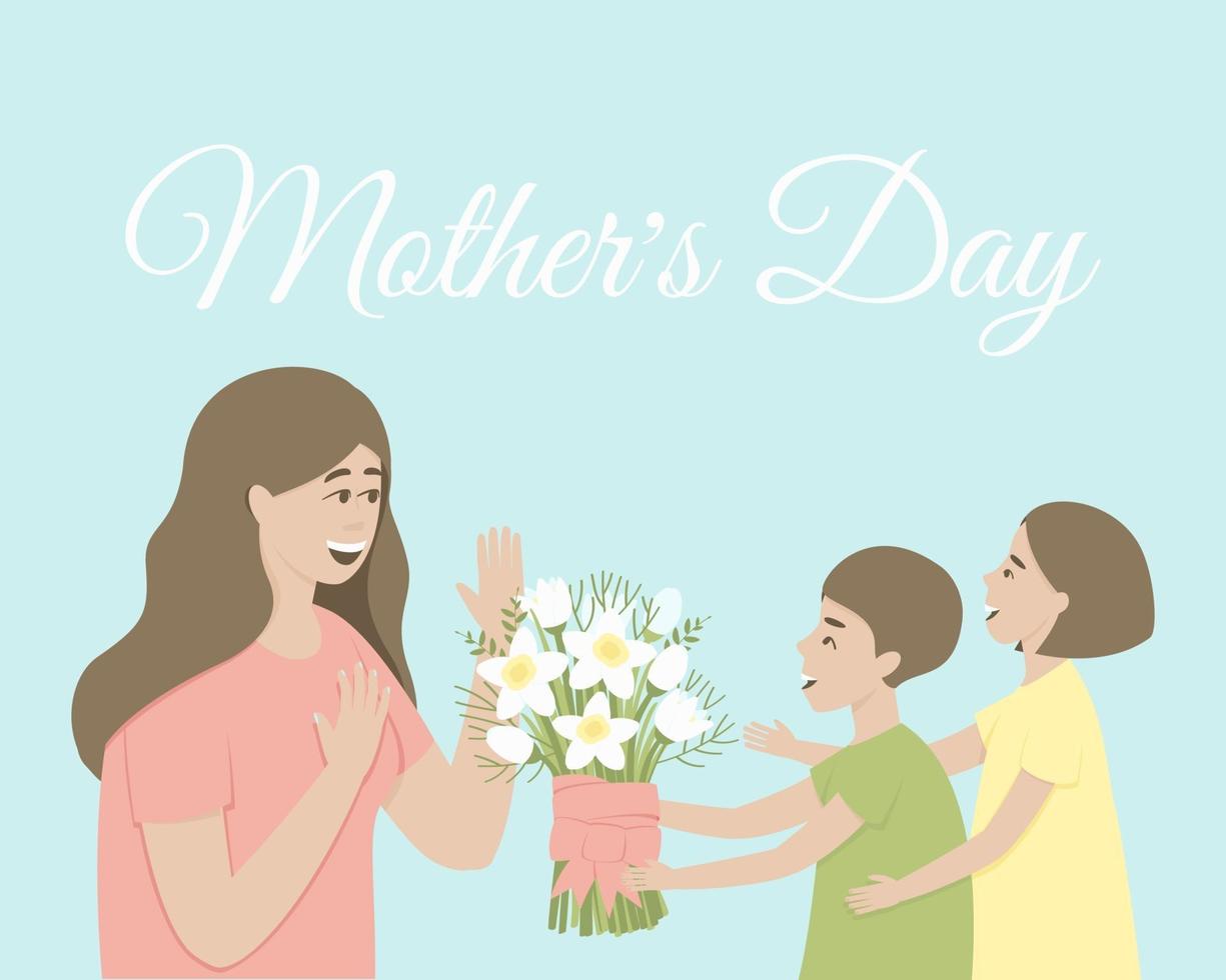 Children give mom a bouquet of daffodils vector