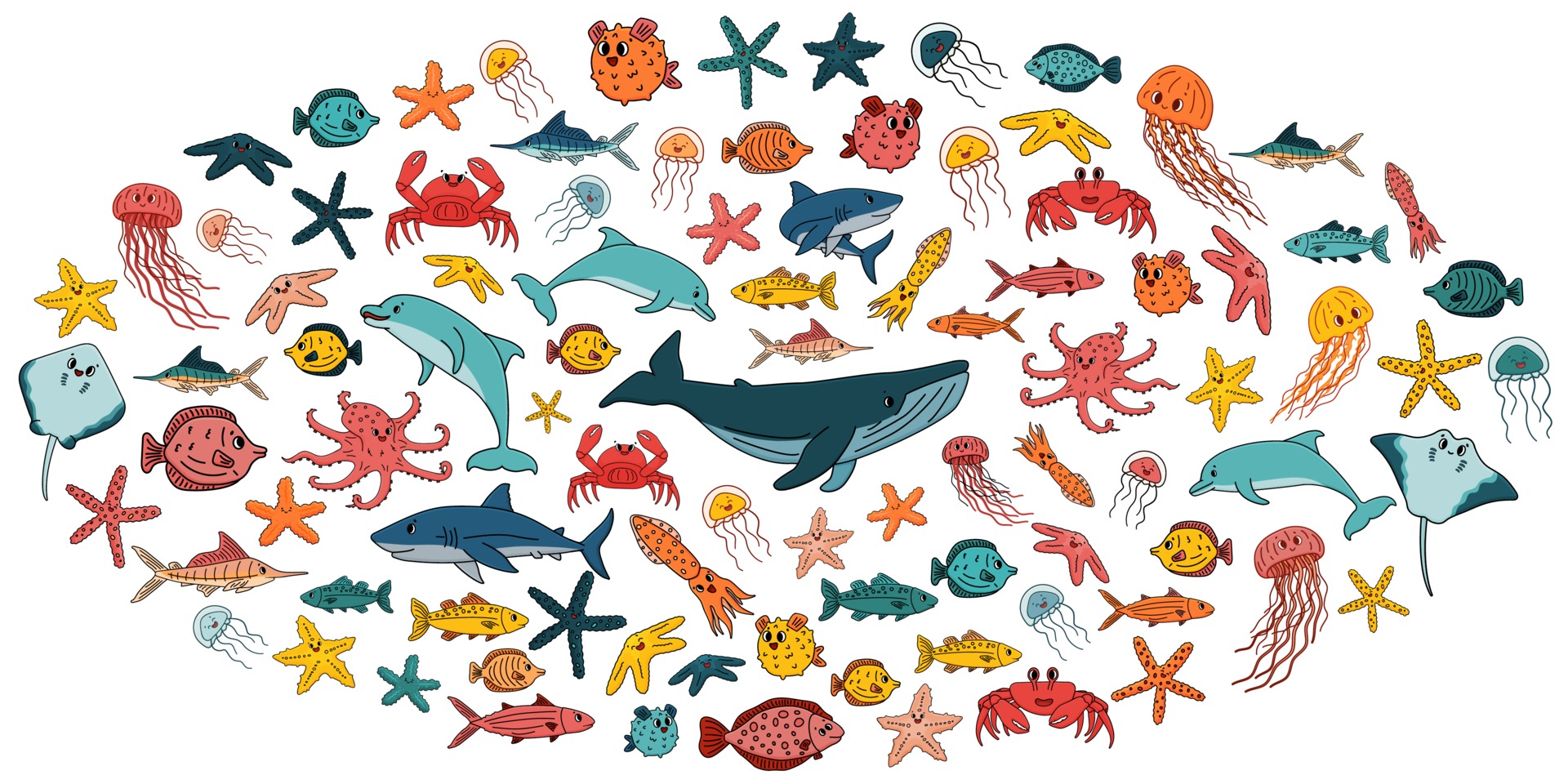 Big set of vector cartoon outline isolated sea ocean animals. Doodle hand  drawn whale, dolphin, shark, stingray, jellyfish, fish, stars, crab,  octopus for children book, oval shape, white background 2299797 Vector Art