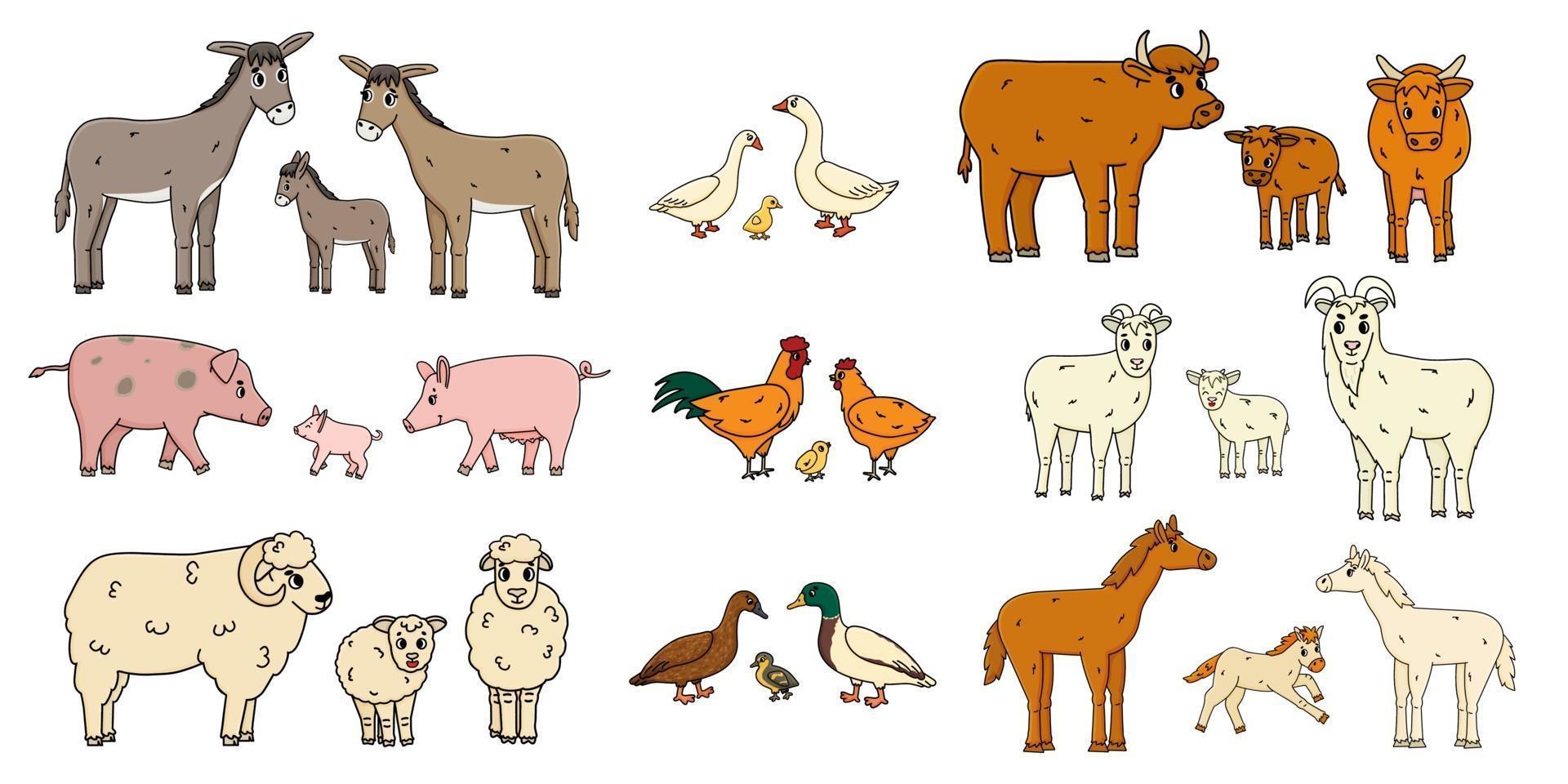 lindas familias de animales de granja aisladas sobre fondo blanco. vector de dibujos animados contorno doodle colección de animales burro ganso vaca buey cerdo cerdo pollo gallina gallo cabra oveja pato caballo para niños libro