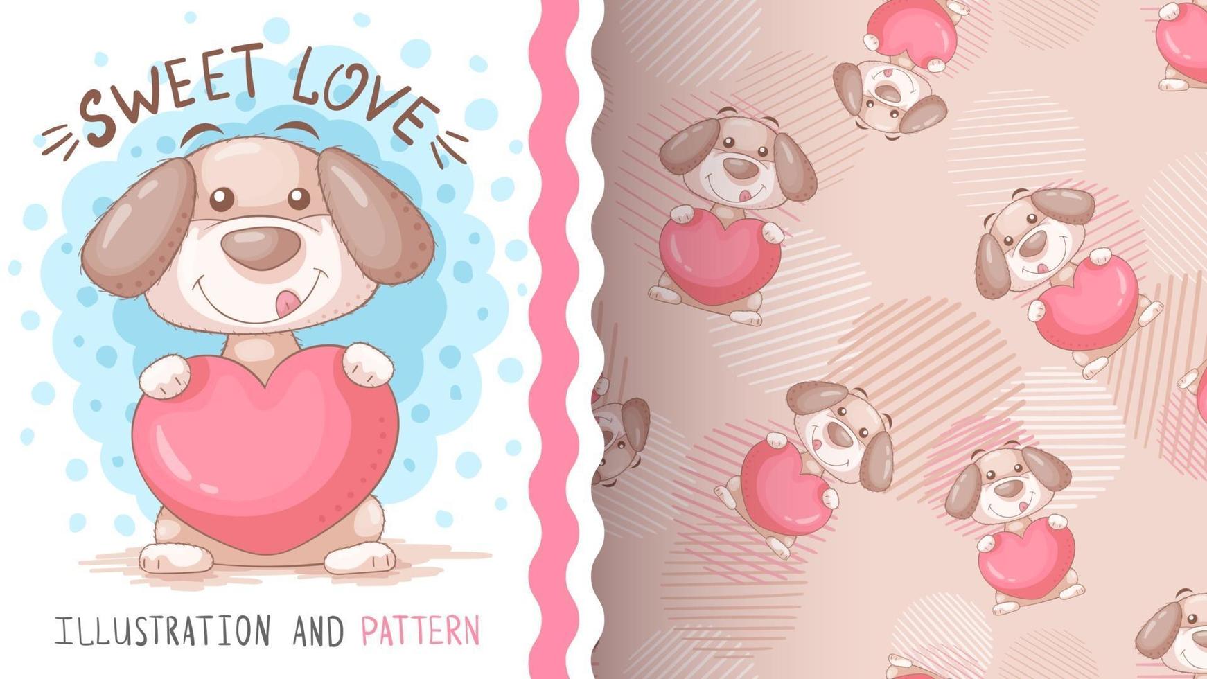 Perro de personaje de dibujos animados infantil con corazón - patrón sin costuras vector