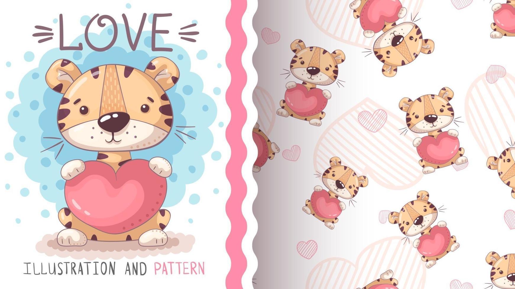 Adorable personaje de dibujos animados tigre animal con corazón - patrón sin costuras vector