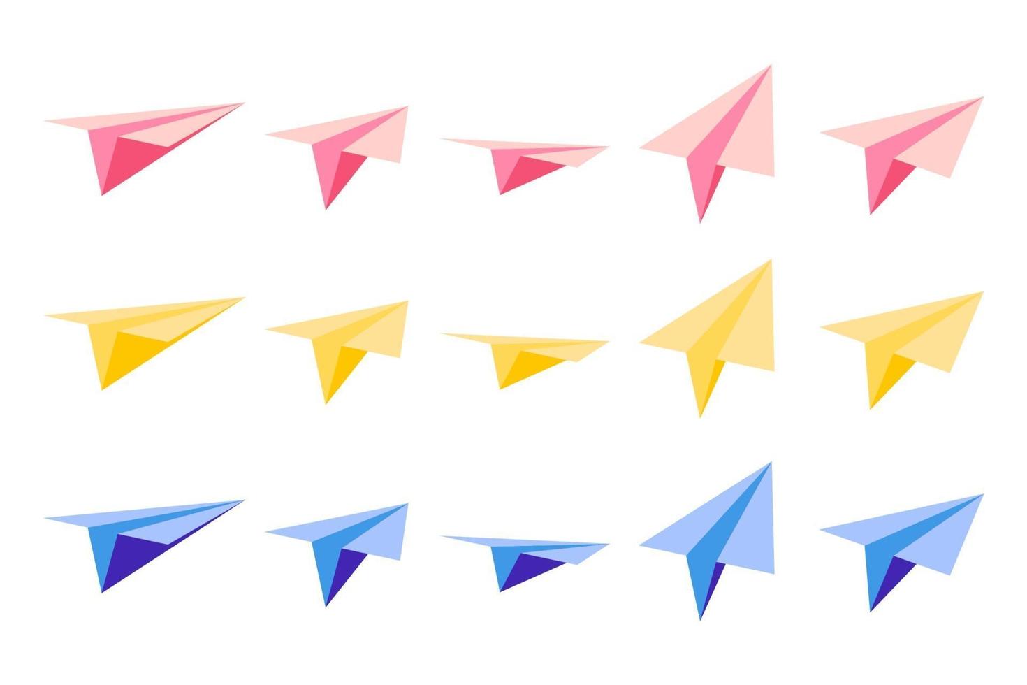 Set of vector cartoon illustrations with origami paper planes with views from different sides on white background.