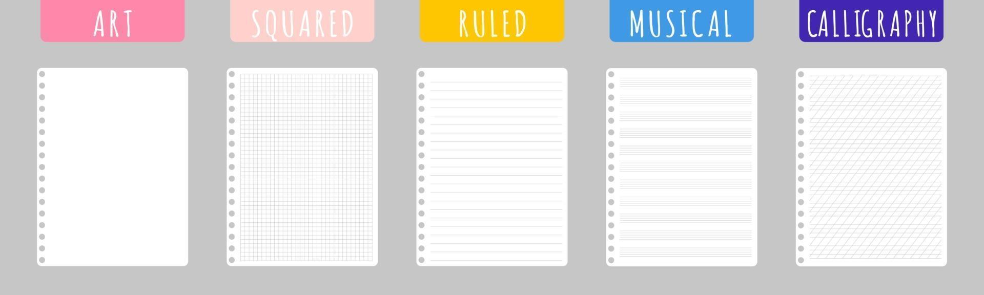 Set of vector cartoon illustrations with clean notebook sheets on white background.