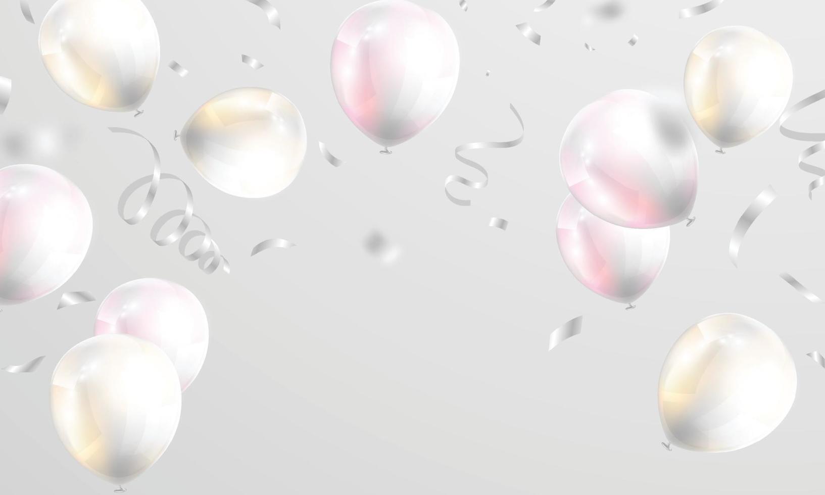 Banner de fiesta de celebración con fondo de globos de color blanco. ilustración vectorial de venta. tarjeta de gran inauguración saludo de lujo rico. vector