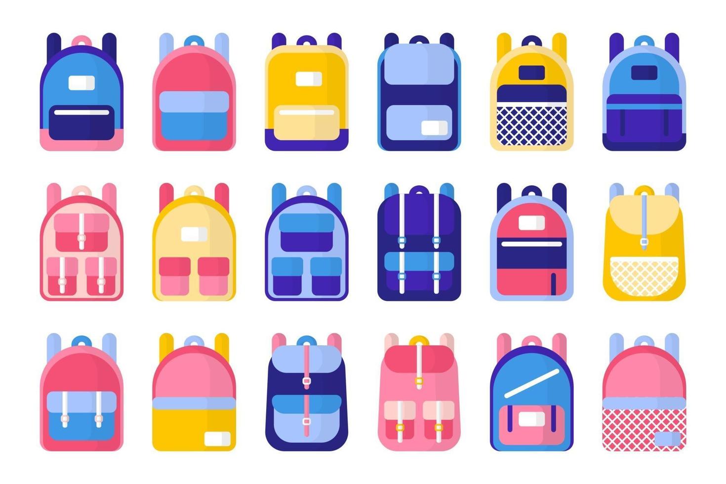 Set of vector cartoon illustrations with school bags and backpacks on white background