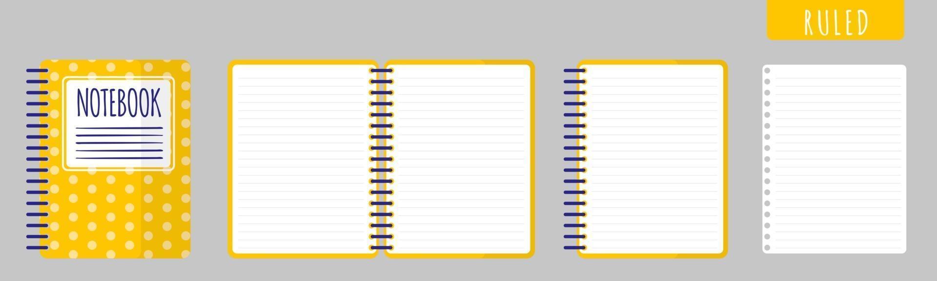 Vector cartoon illustration with ruled notebook, open notebook and blank sheets on white background.