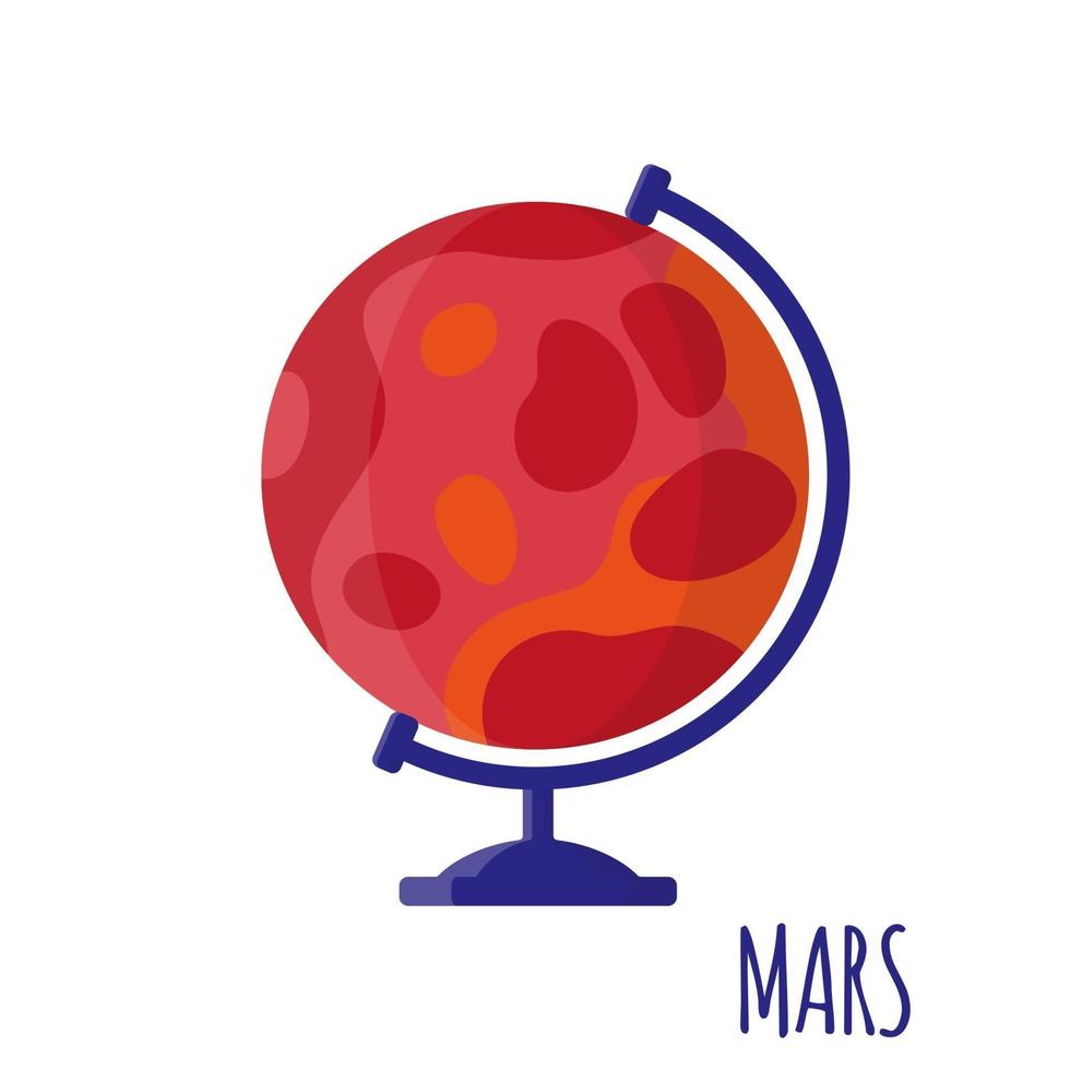 Vector cartoon illustration with desktop school Mars globe isolated on white background.