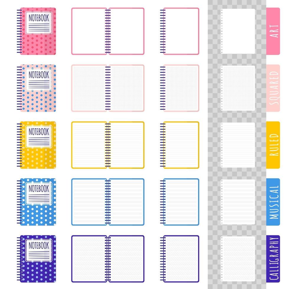 conjunto de ilustraciones de dibujos animados vectoriales con diferentes tipos de cuadernos, cuadernos abiertos, hojas en blanco sobre fondo blanco vector
