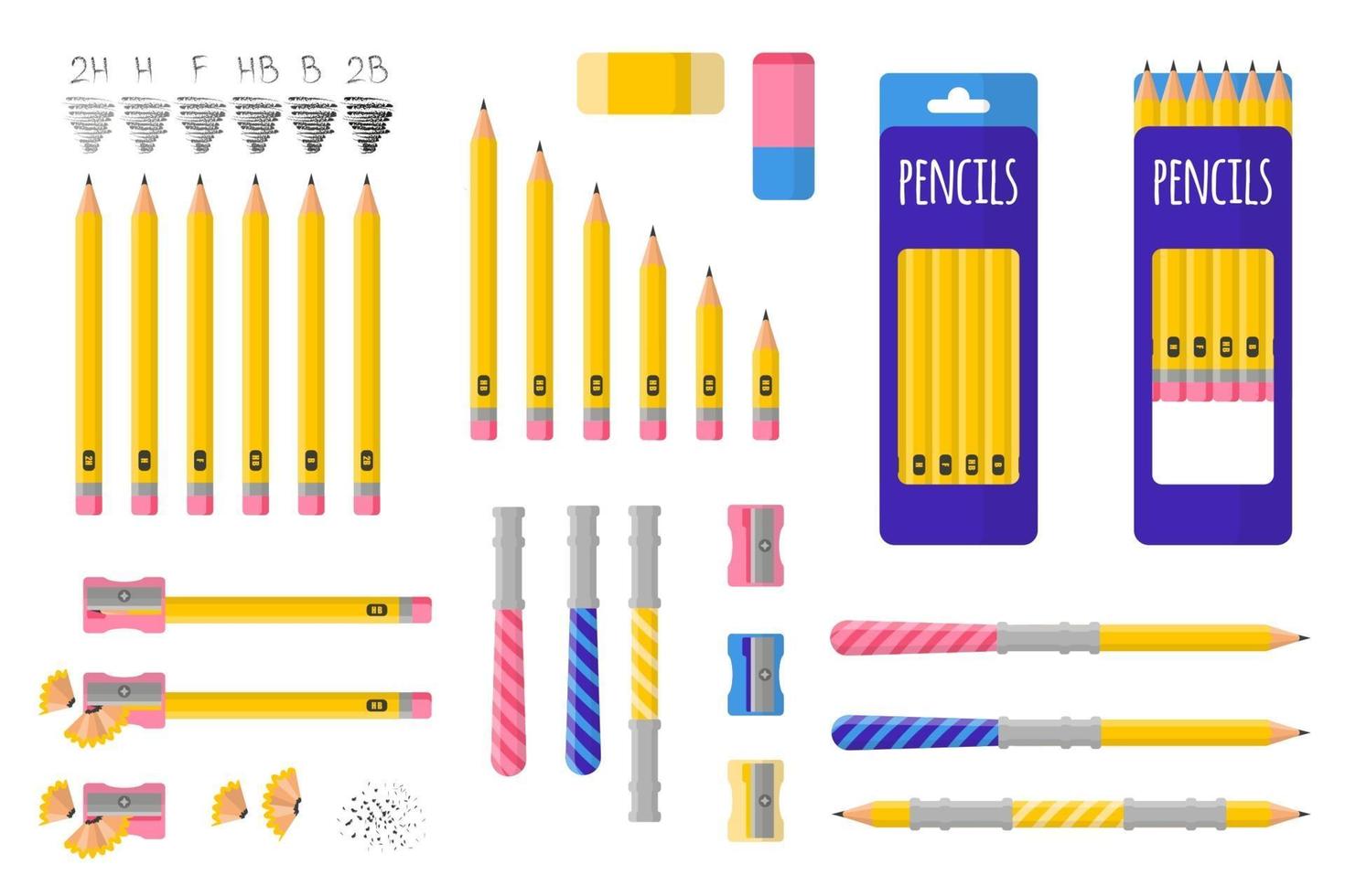 Set of vector cartoon illustrations with simple pencils, pencil sharpener and eraser on white background.