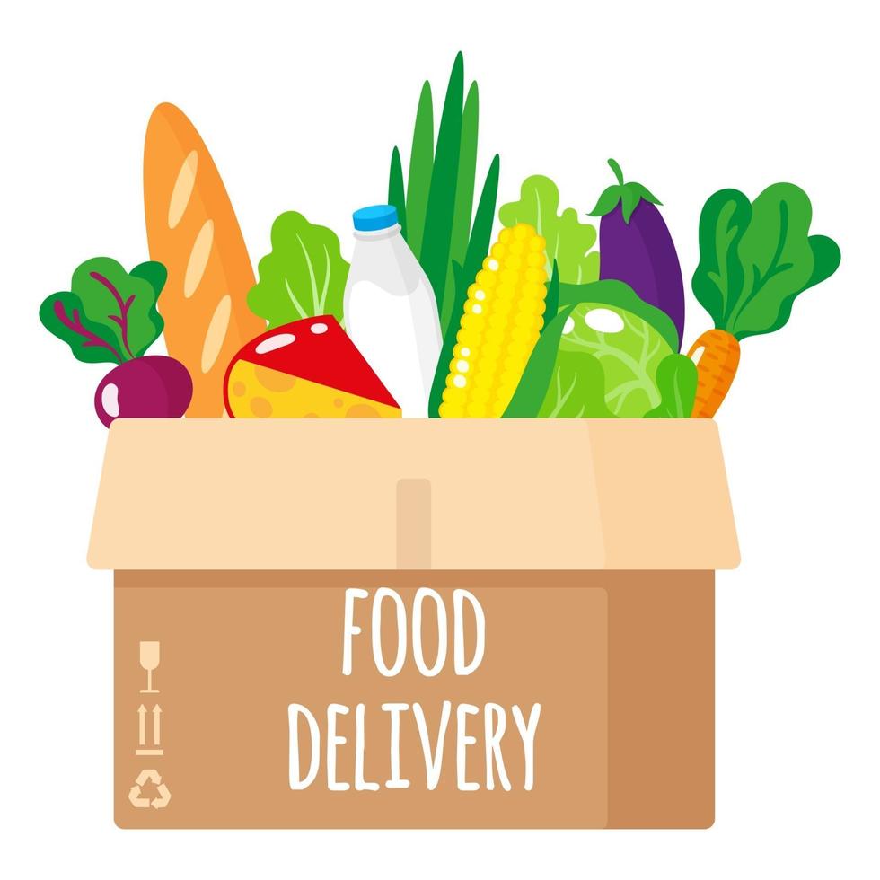 Vector cartoon illustration of delivered cardboard box with healthy organic food isolated on white background