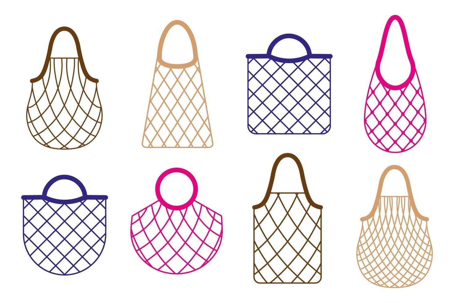 Vector cartoon set of empty grocery string bag or turtle mesh bag for healthy organic food isolated on white background