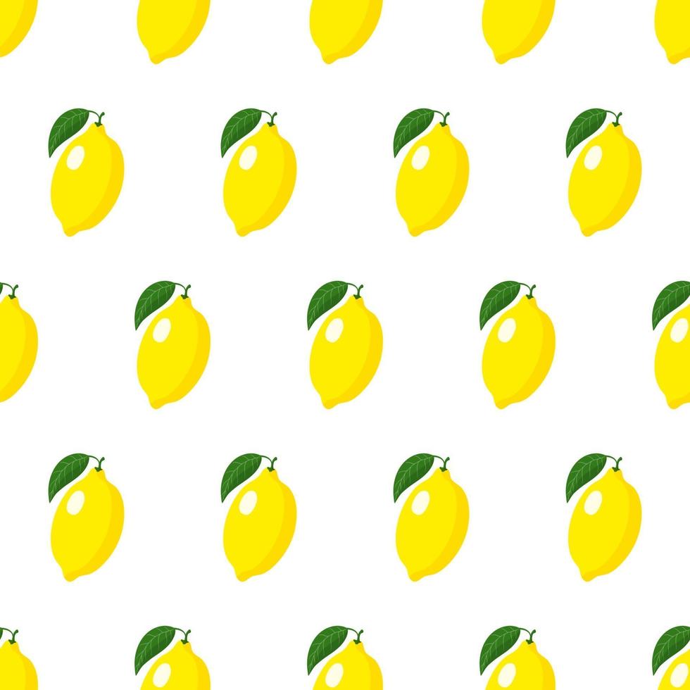 Vector seamless pattern with whole yellow ripe lemon with leaves isolated on white background