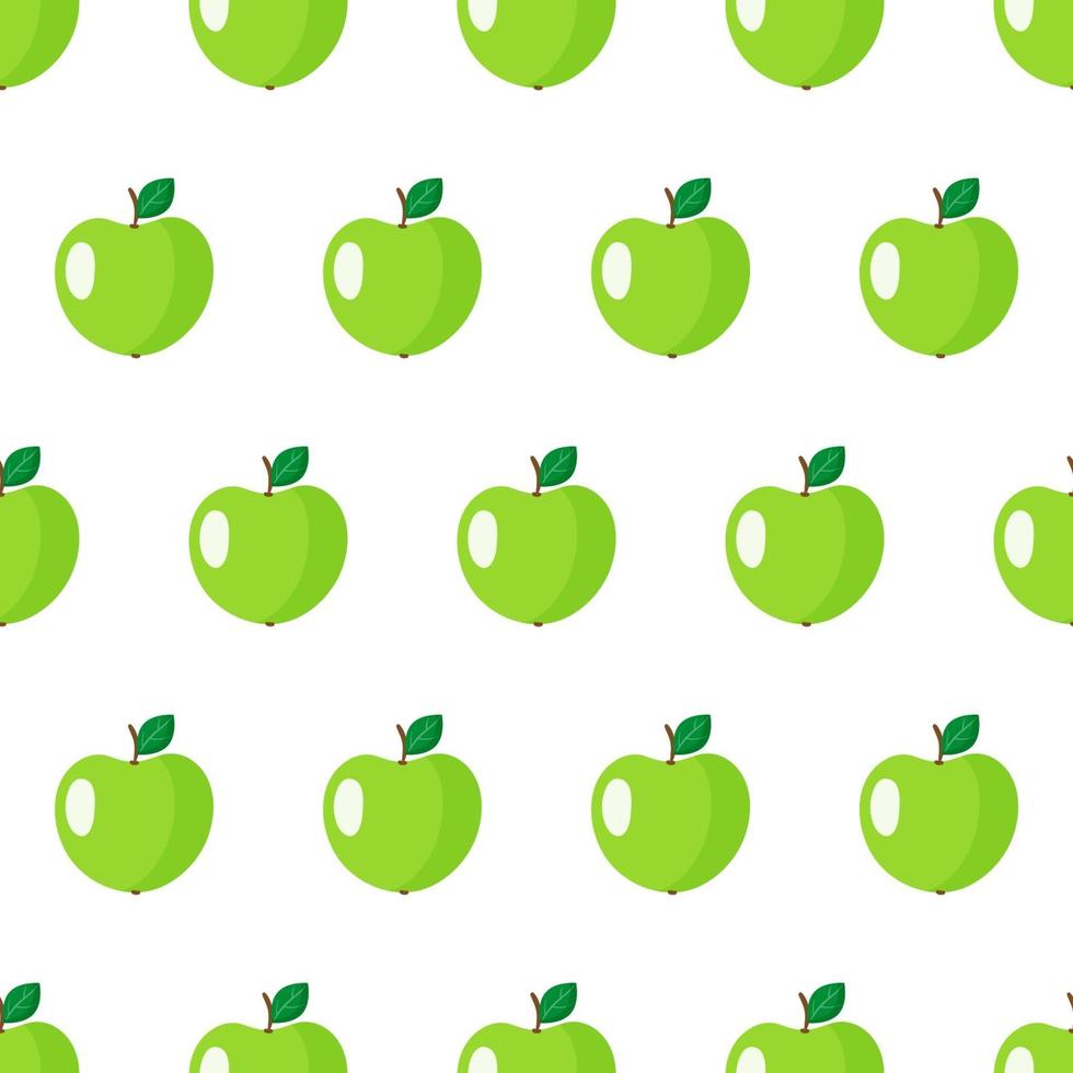 Vector seamless pattern with whole green apple fruit with leaves isolated on white background