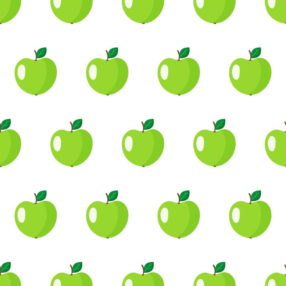 Vector seamless pattern with whole green apple fruit with leaves isolated on white background