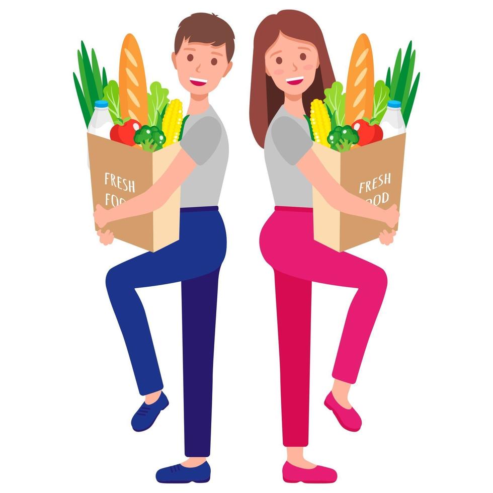 Vector cartoon illustration with couple holding eco paper grocery bags with healthy food isolated on white background
