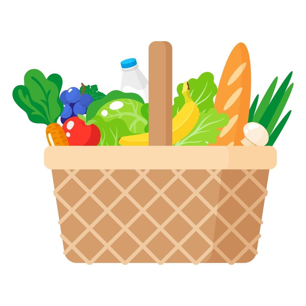 Vector cartoon illustration of wicker picnic basket with healthy organic food isolated on white background